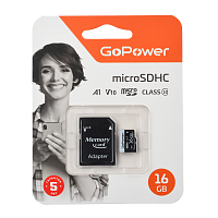 Карта памяти microSD GoPower 16GB Class10 60 МБ/сек V10 с адаптером