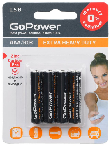 GoPower АAA / R03 Extra Heavy Duty Солевой элемент питания 1.5V BL4