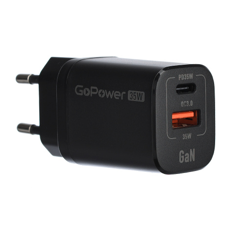Сетевое З/У GoPower GPQC09 1USB+1Type-C 35W QC3.0 GAN черный фото 2