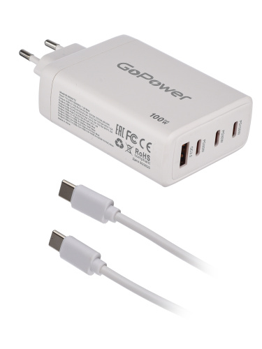 Сетевое З/У GoPower GPQC100 1USB+3Type-C 100W с кабелем Type-C/Type-C белый фото 5