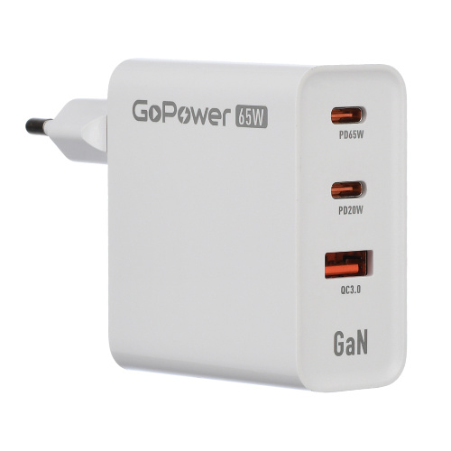 Сетевое З/У GoPower GPQC10 1USB+2Type-C 65W QC3.0 GAN белый фото 2