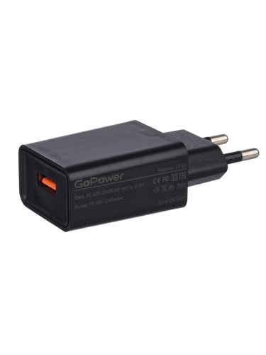 Сетевое З/У GoPower GP1U 1USB 2.4A 12W с кабелем Type-C черный фото 2