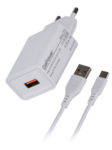 Сетевое З/У GoPower GP1U 1USB 2.4A 12W с кабелем Type-C белый фото 3